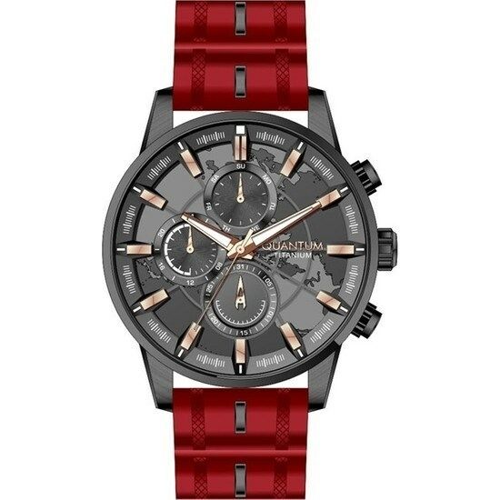 Quantum TTG1037.068 Quartz Titanyum Kasa Silikon Kırmızı Multifonksiyon 45 Mm Erkek Kol Saati